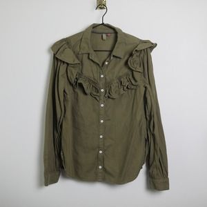 Anthropologie Pilcro & the Letterpress Olive Green Ruffled Button Front Shirt